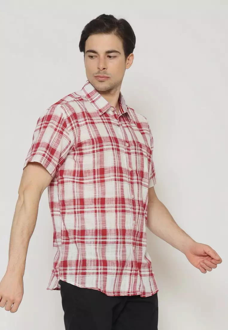 POLICE Kemeja Kotak Cotton Slub Merah Regular Fit Pria