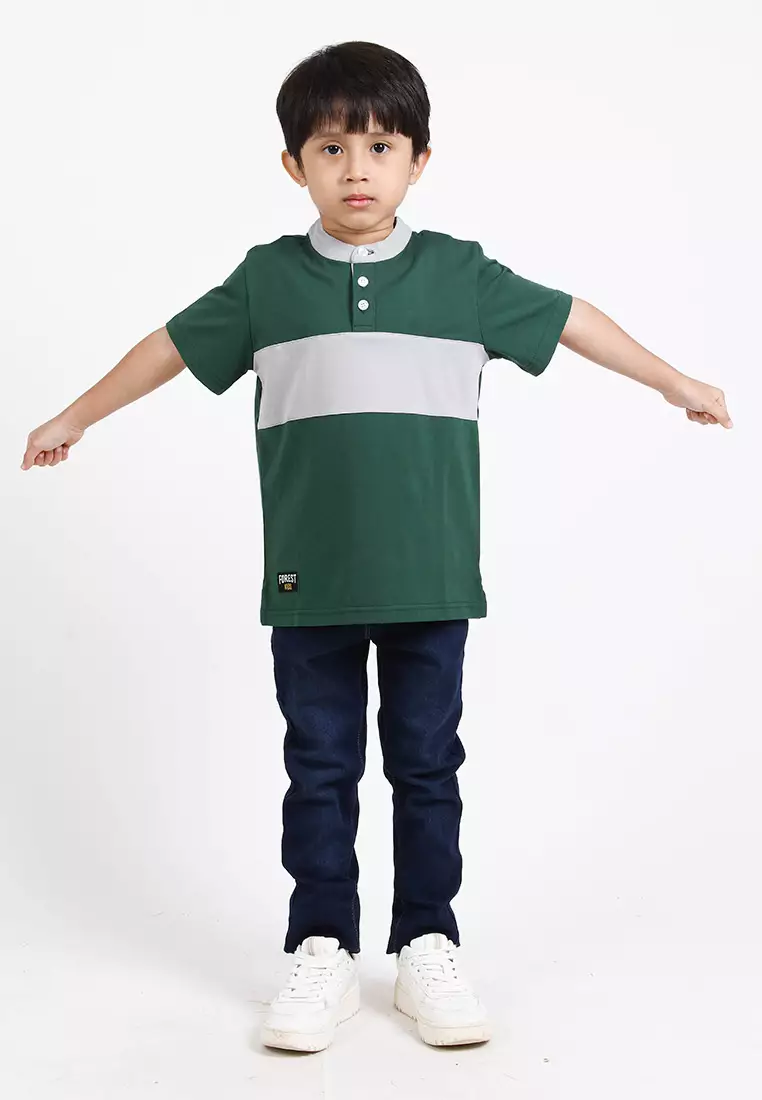 Forest Kids Premium Weight Cotton Stretchable Mandarin Collar T Shirt Men | T Shirt Baju Budak Lelaki - FK20170-40DkGreen