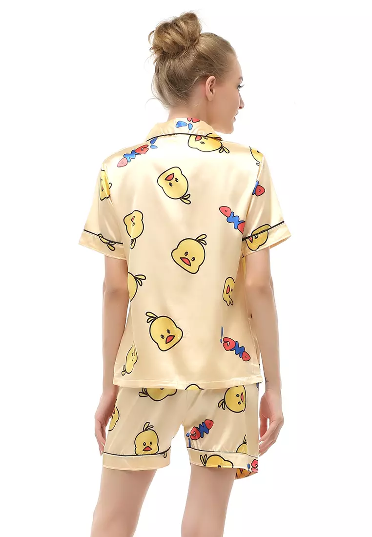 Vance Setelan Baju Tidur Wanita Lengan Pendek Motif Piyo Material Satin ORIGINAL - Yellow
