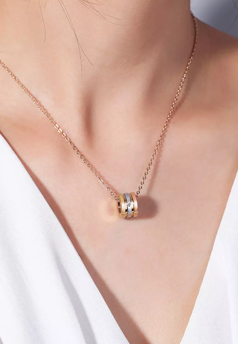 Barrel Slider Pendant Necklace in Tri-Tone Gold Plated Titanium with Genuine 0.005ct Diamond