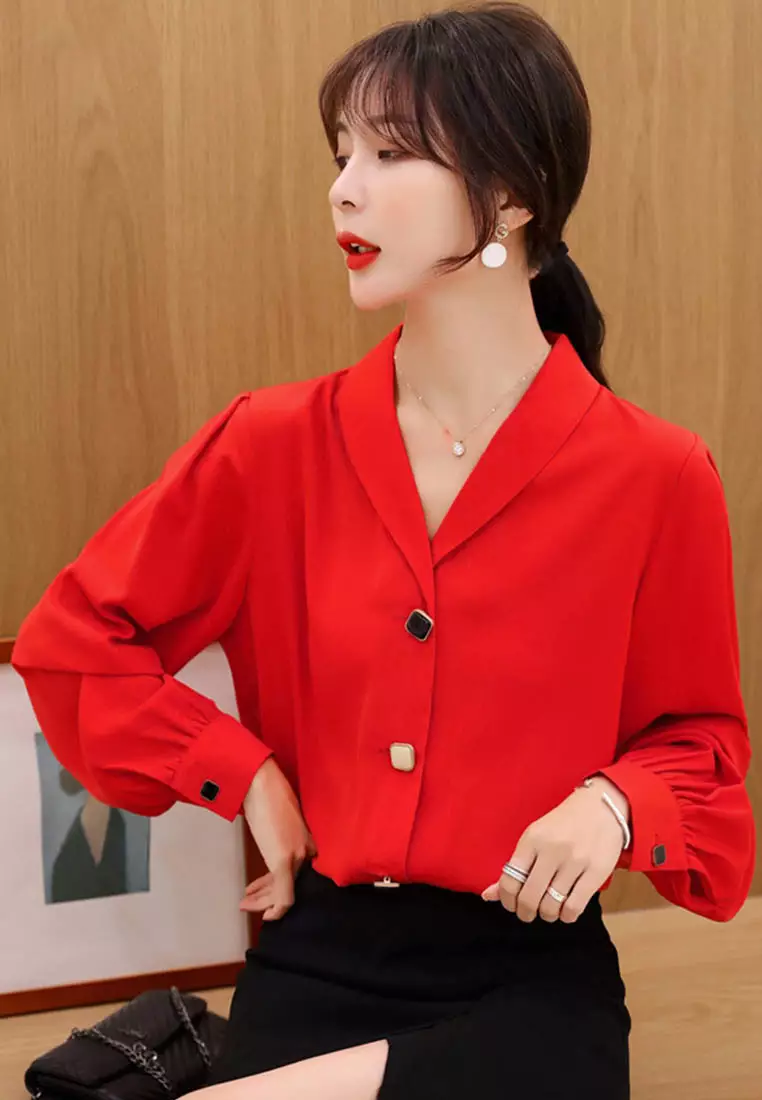V Neck Chiffon Shirt Western Style Long Sleeved Shirt A090911RD