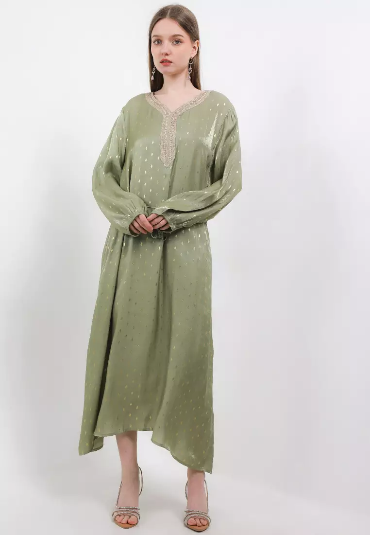 Tassel Belt Gold Lace & Print Maxi Dress