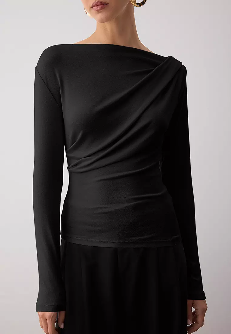 Black Fitted/Asymmetrical Collar Detailed Soft Fabric Flexible Knitted Blouse Twoaw26Bz00088