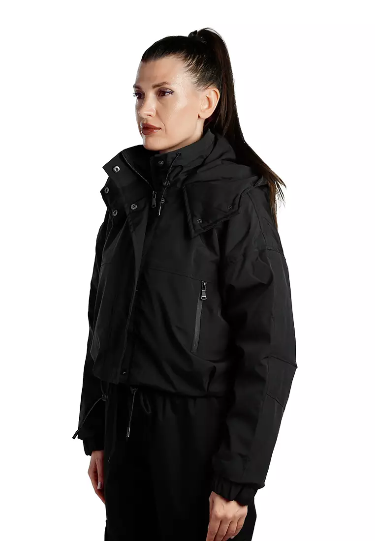 Drawstring Cropped Woven Jacket in Black