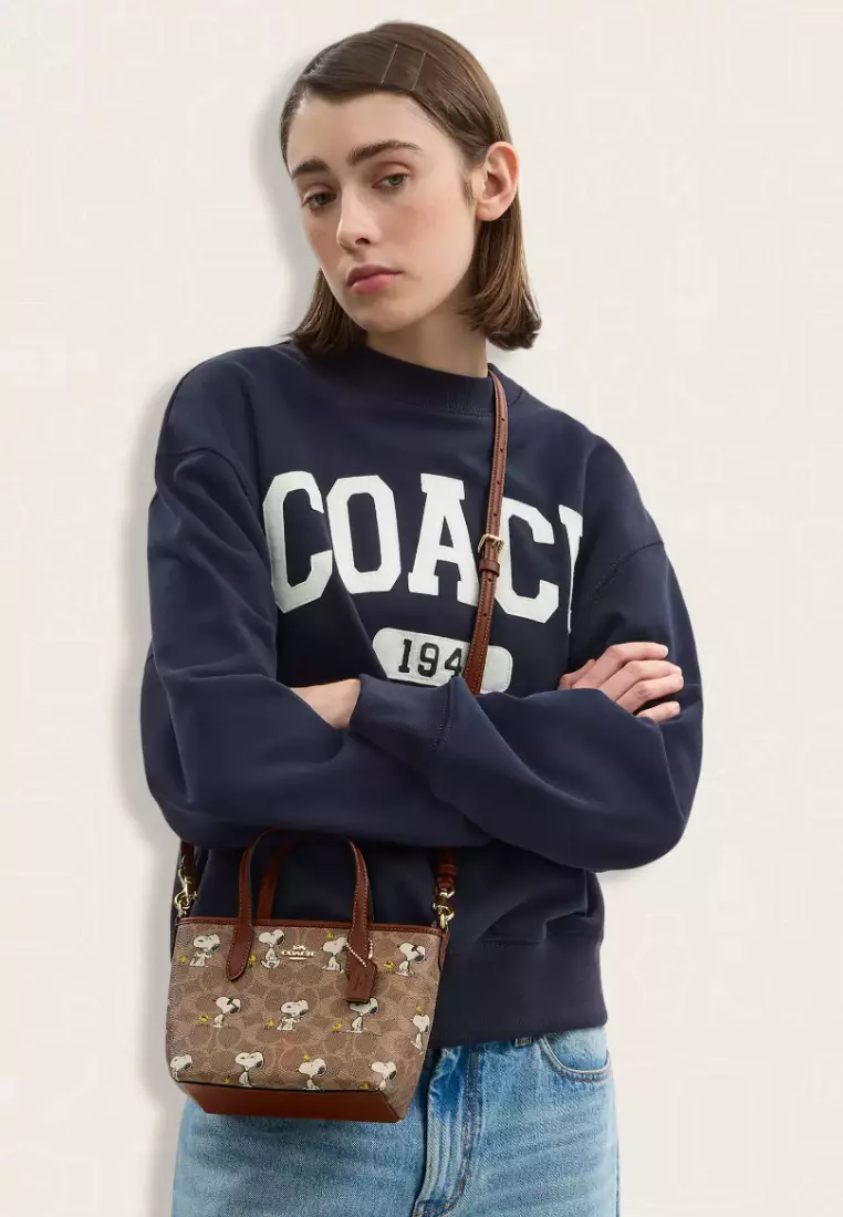 Coach X Peanuts City Mini Tote Bag In Signature Canvas With Snoopy Print Tan Brown Multi