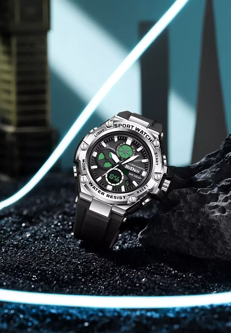 Jam Tangan Pria Original Digital&Analog Bercahaya Anti Air Alarm Tali Silikon Jam Tangan Cowok Olahraga blacksilver