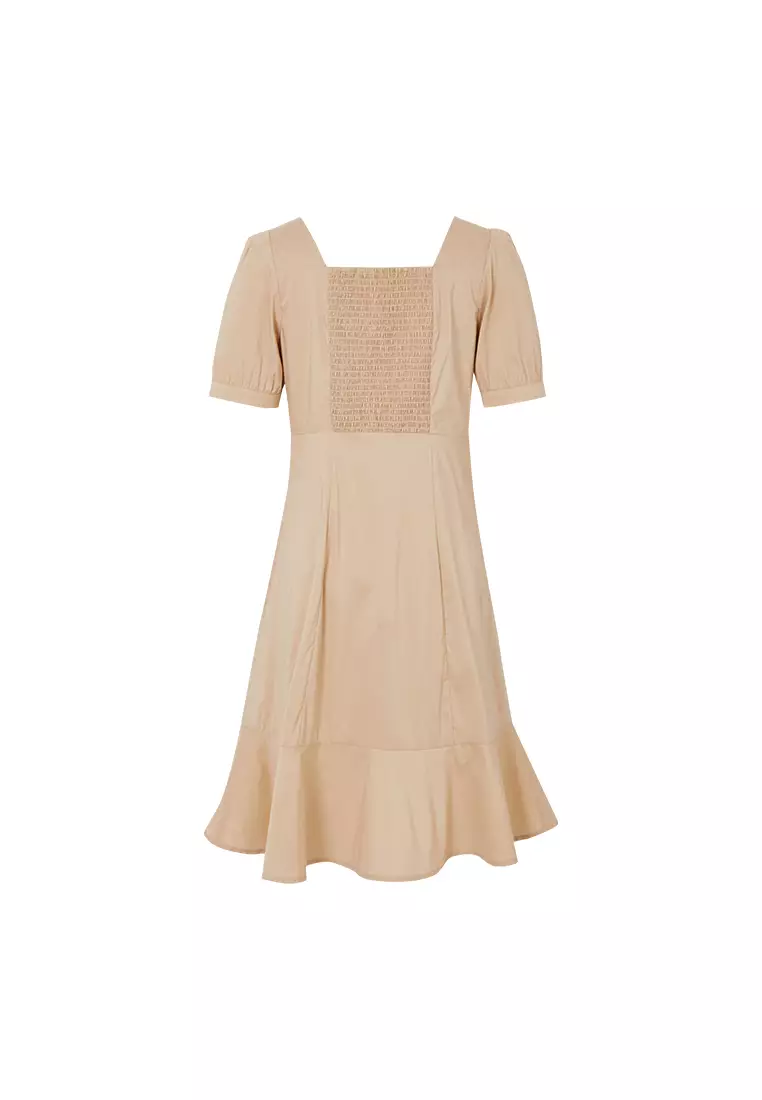 Square Neck Puff Sleeve Low Flare Midi Dress