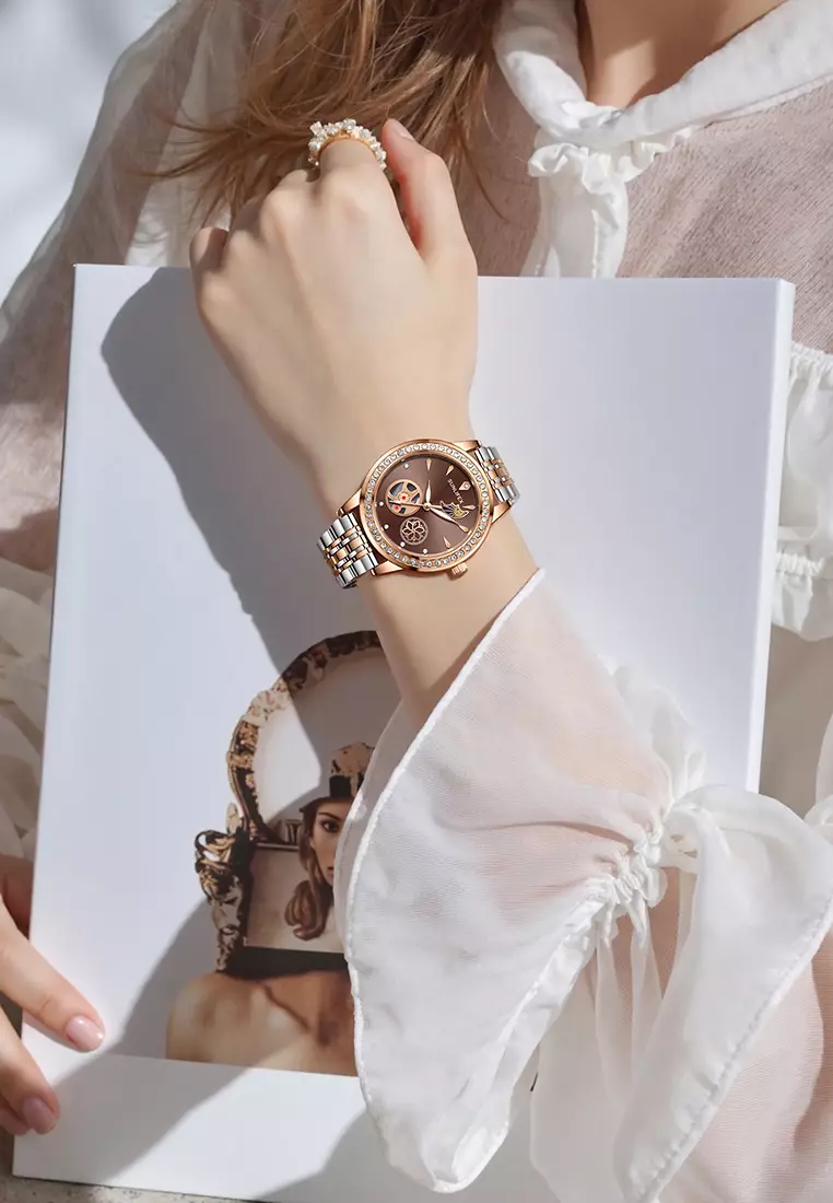 Jam Tangan Wanita E055 Korea Mewah Kuarsa Bercahaya Tali Paduan Jam Tangan Cewek Original brown