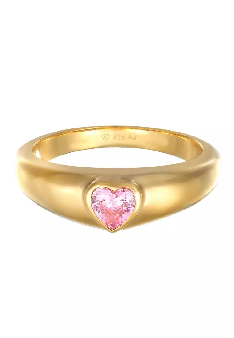 Cincin Perhiasan Perak 925 Wanita Band Heart Love With Zirconia Pink Gold Plated