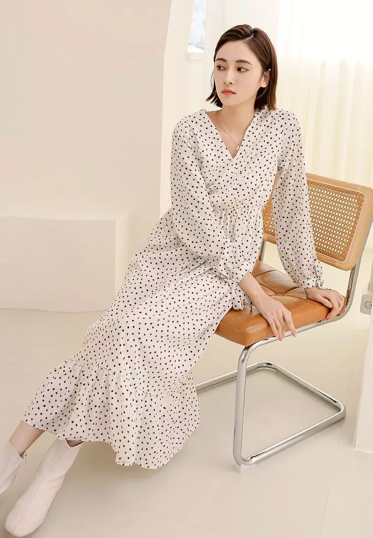 V-Neck Polka Dot Long Sleeve Tie-Waist Flared Midi Dress with Ruffle Hem [DA9448]
