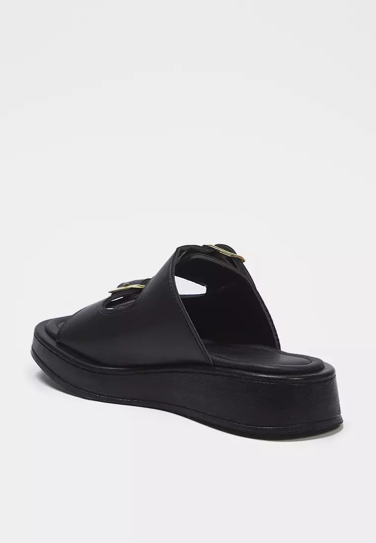 Black Double Banded Buckle Detailed Thick Sole Women's Slippers Takss25Te00044