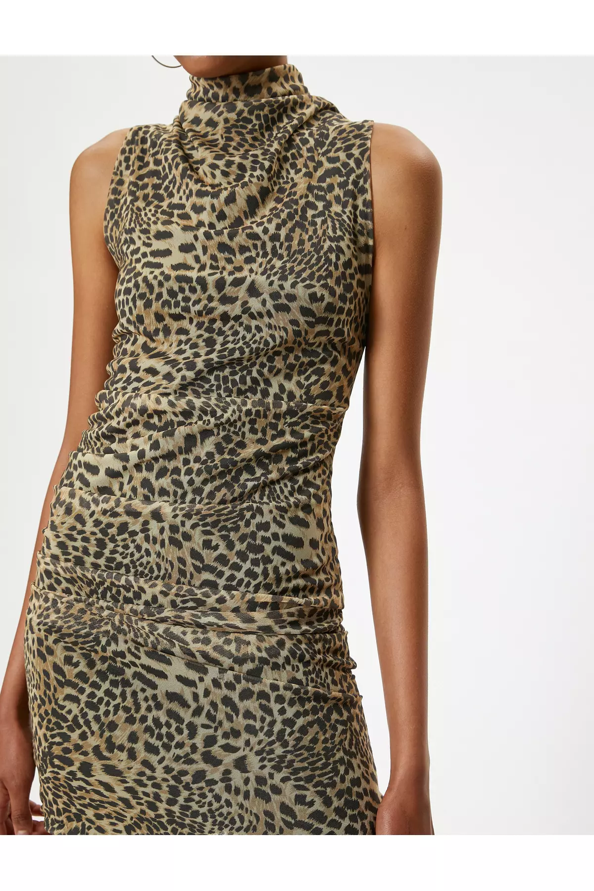 Leopard Patterned Mini Dress Draped Sleeveless High Collar Slim Fit