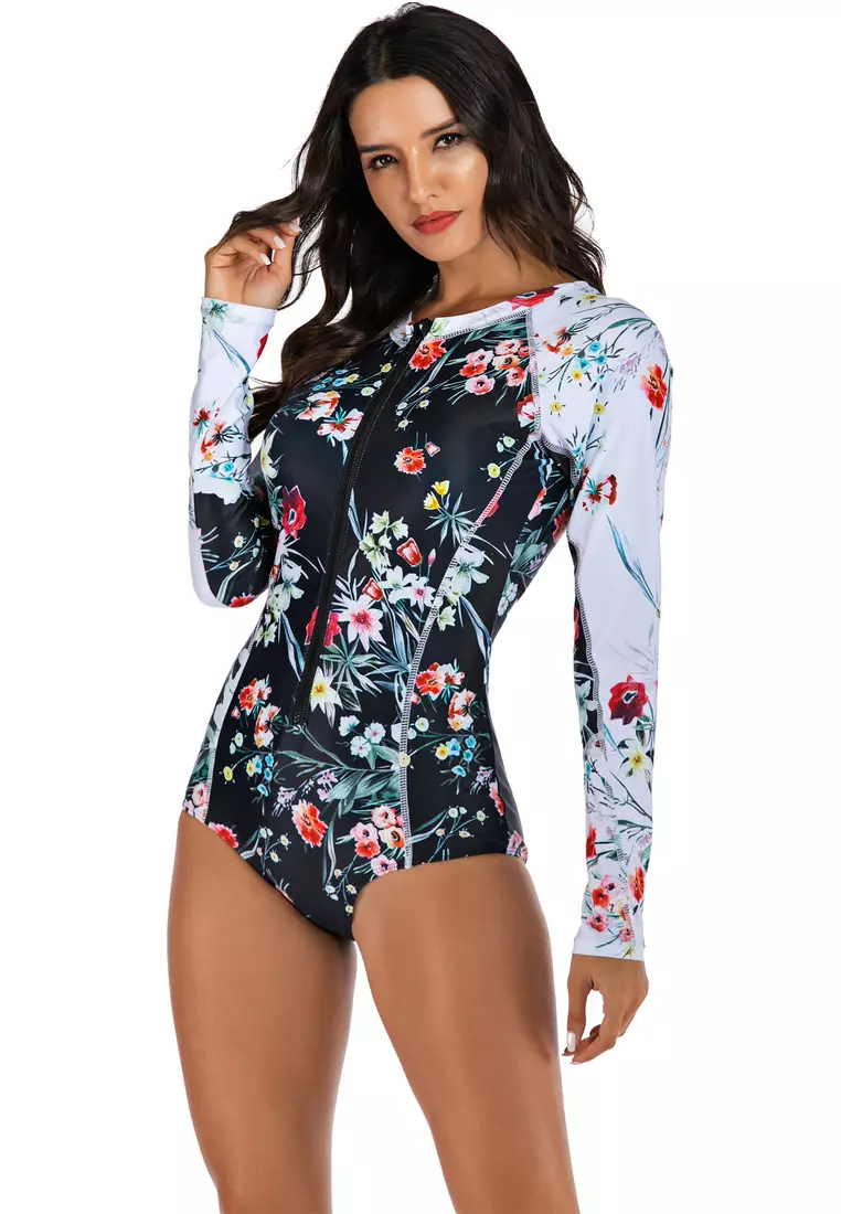 Surf Print Long Sleeve One Piece Swimsuit