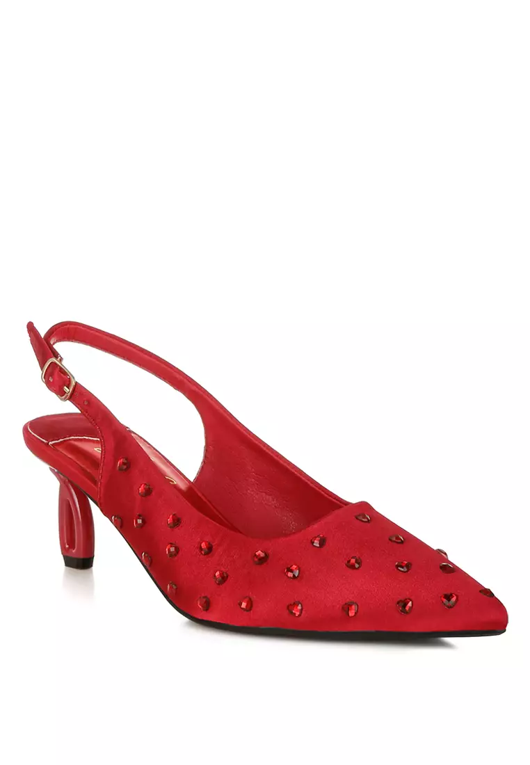 Heart-Shaped Rhinestone Studded Slingbacks in Burgundy