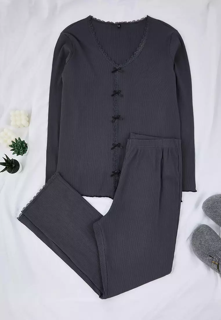Anthracite Cotton Lace And Ribbon/Bow Detail Corded Fabric Knitted Pajamas Set Tbbaw26Ai00021