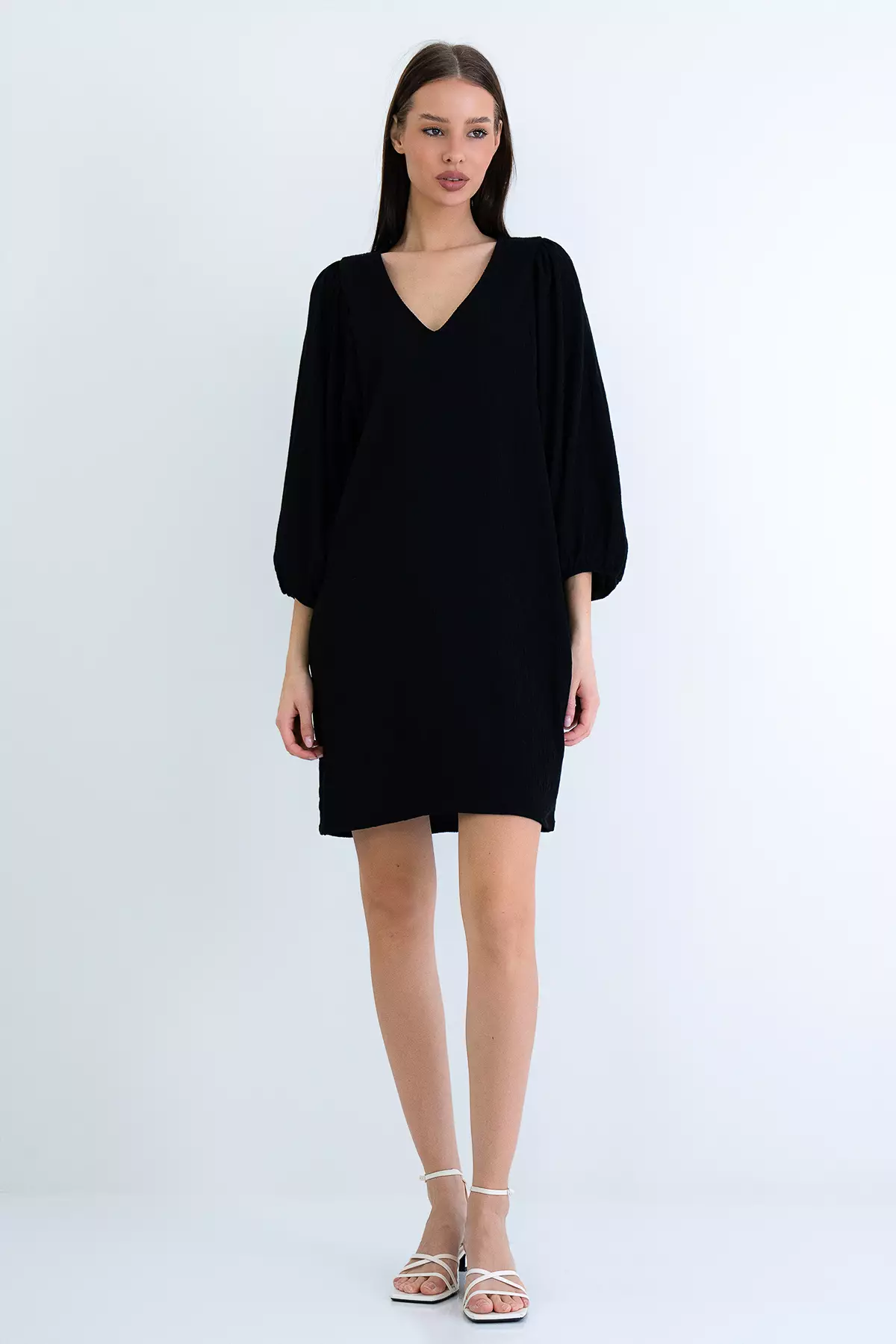 Black V-Neck Princess Sleeve Wrap Mini Dress Alc-X15160