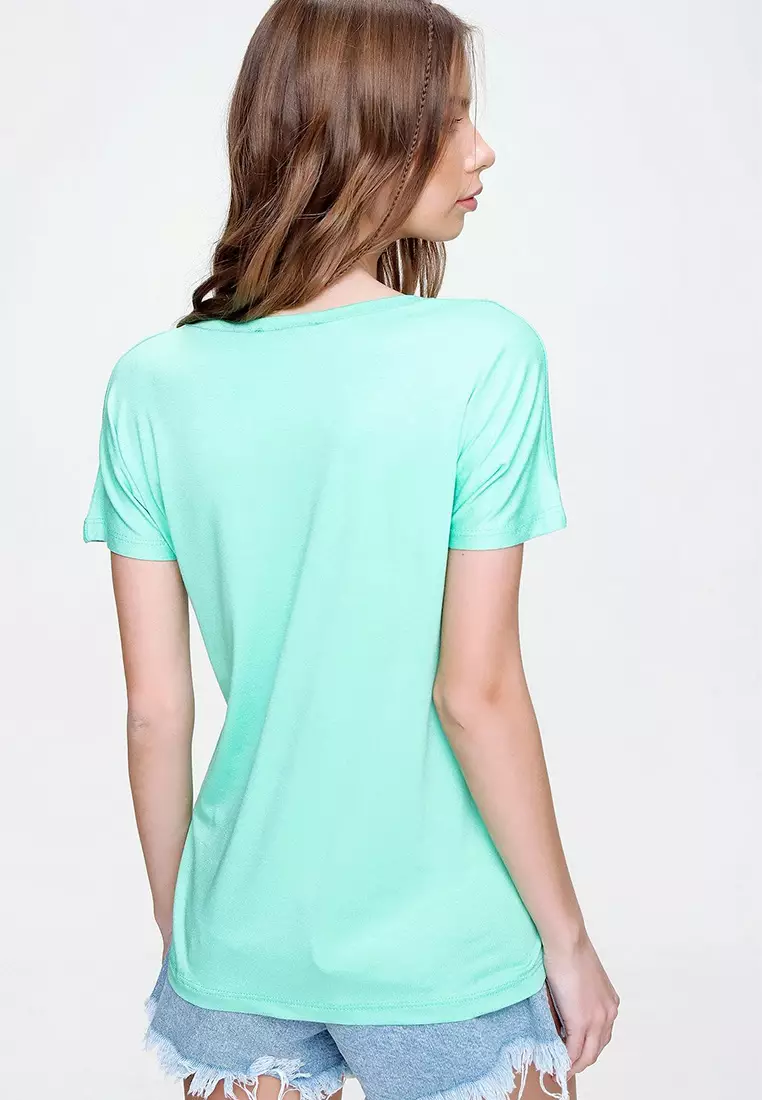 Women's Green V-Neck Basic T-Shirt