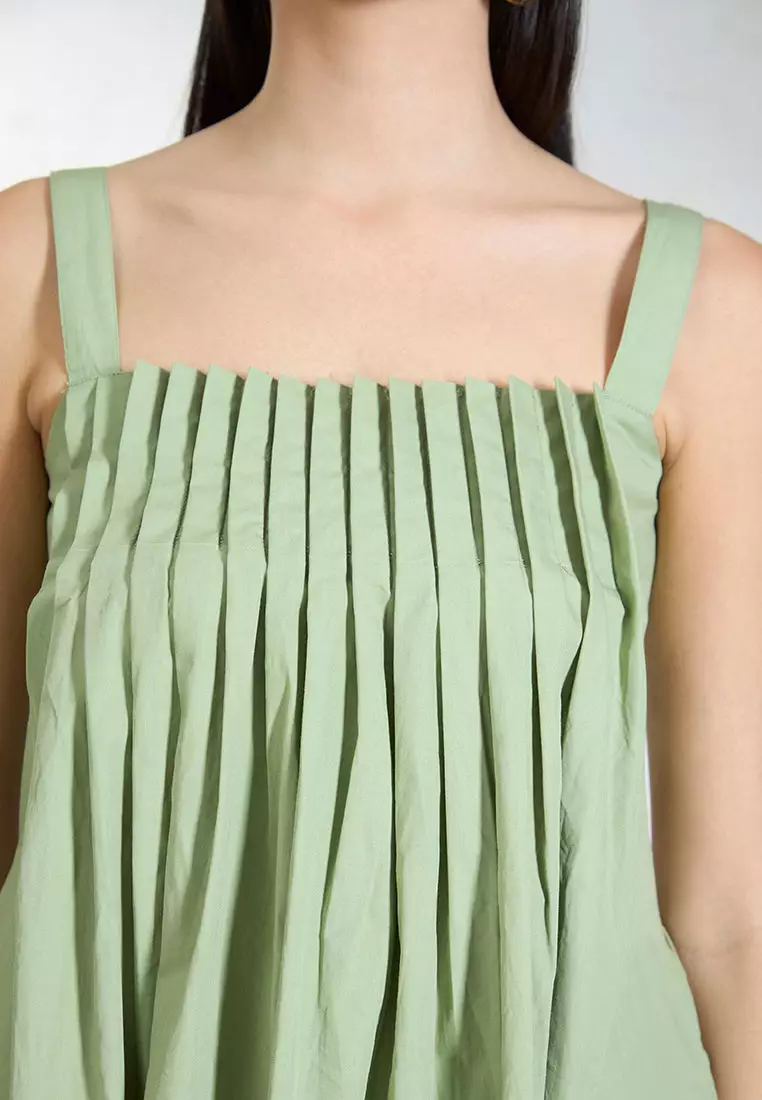 VIRGIO 100% Cotton Front Pleated Smocked Midi Dress