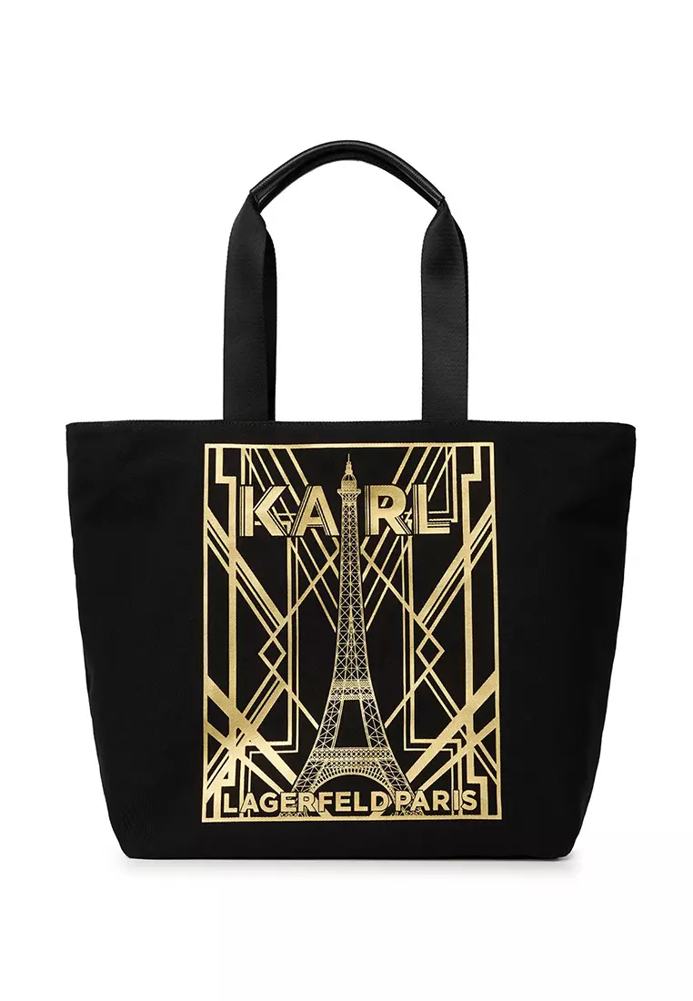 Karl Lagerfeld Kristen Canvas Tote Bag Black Gold Metallic