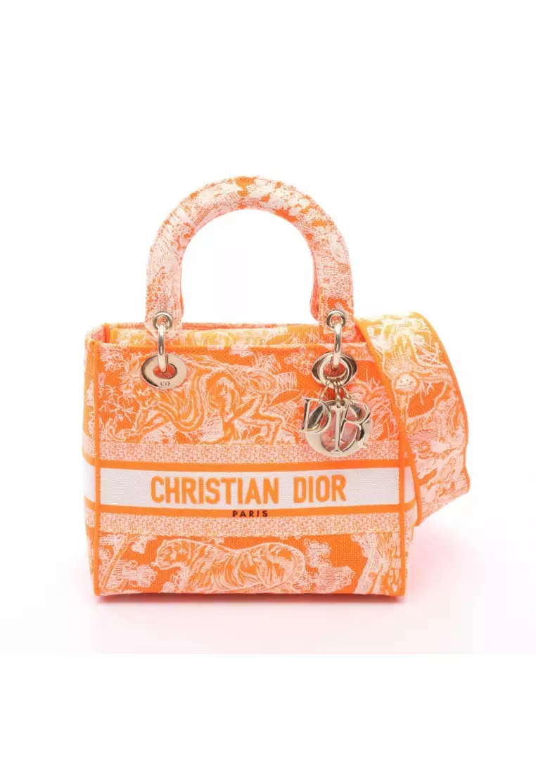 Pre-Loved Christian Dior LADY D-LITE Medium 2WAY Handbag canvas orange white