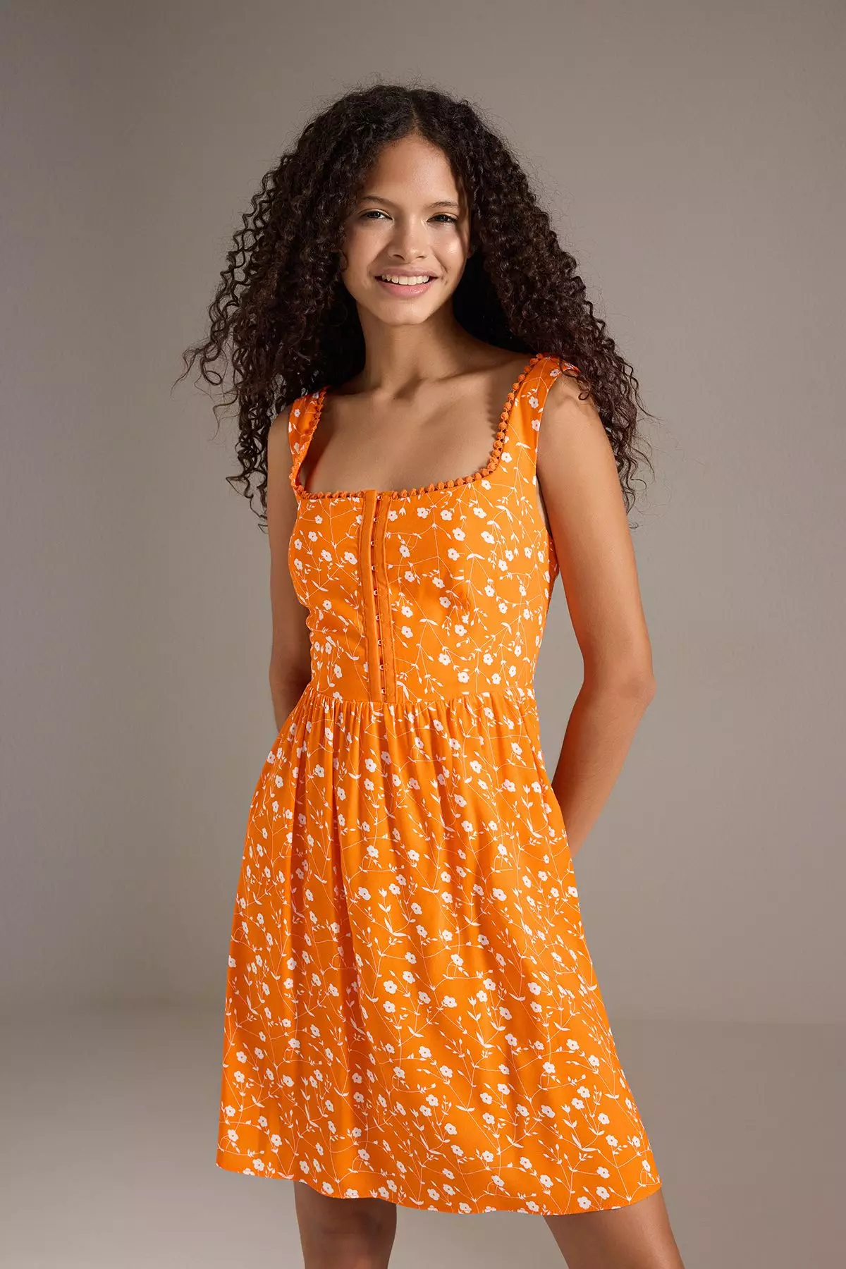Orange Floral Mini Woven Dress with Open Waist Skirt and Hooked Detail TWOSS25EL00419