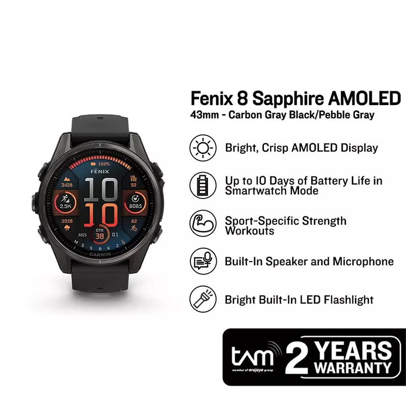 Jam Tangan Pria Garmin Fenix 8 43 010-02903-28 Smartwatch Sapphire Amoled Carbon Gray DLC Titanium Silicone Band