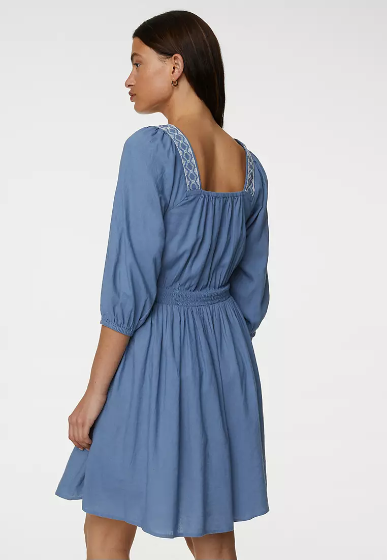 Linen Blend Embroidered Shirred Dress