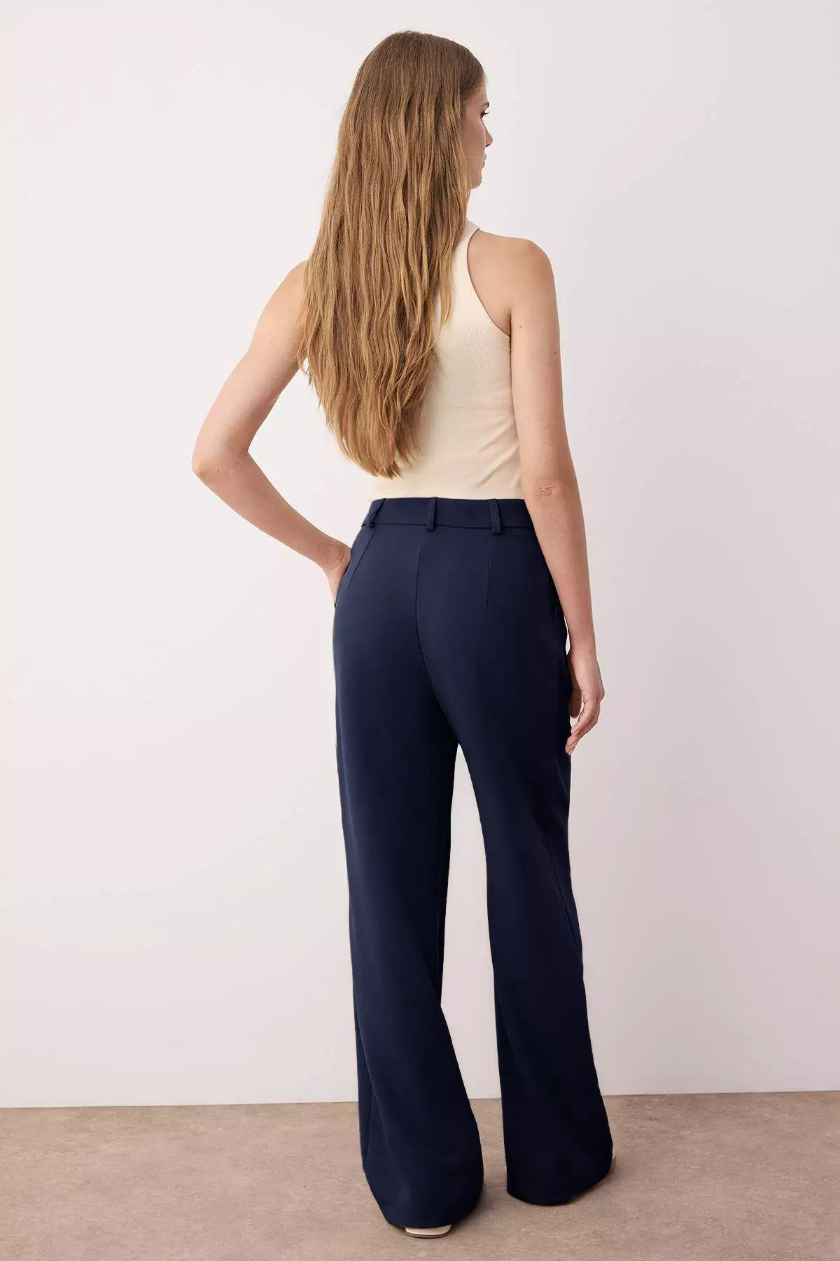 Dark Navy Blue Pleated Wide Leg Pants