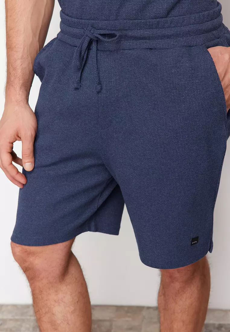 Indigo Regular Cut Textured Fabric Labeled Polo Collar Tracksuit Set TMNSS23EM00003