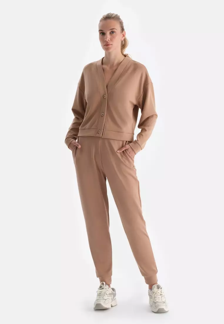 Light Brown Vest, V-Neck, Regular Fit, Long Sleeve Loungewear for Women