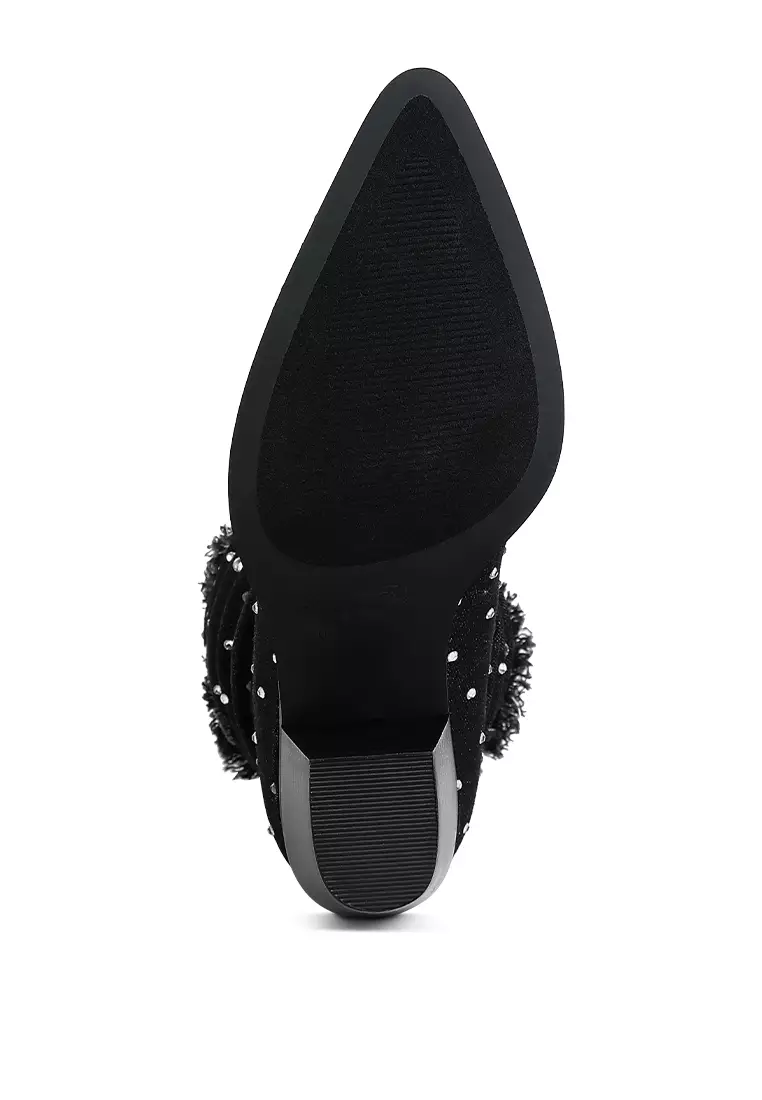 Diamante & Rhinestones Denim Boots in Black