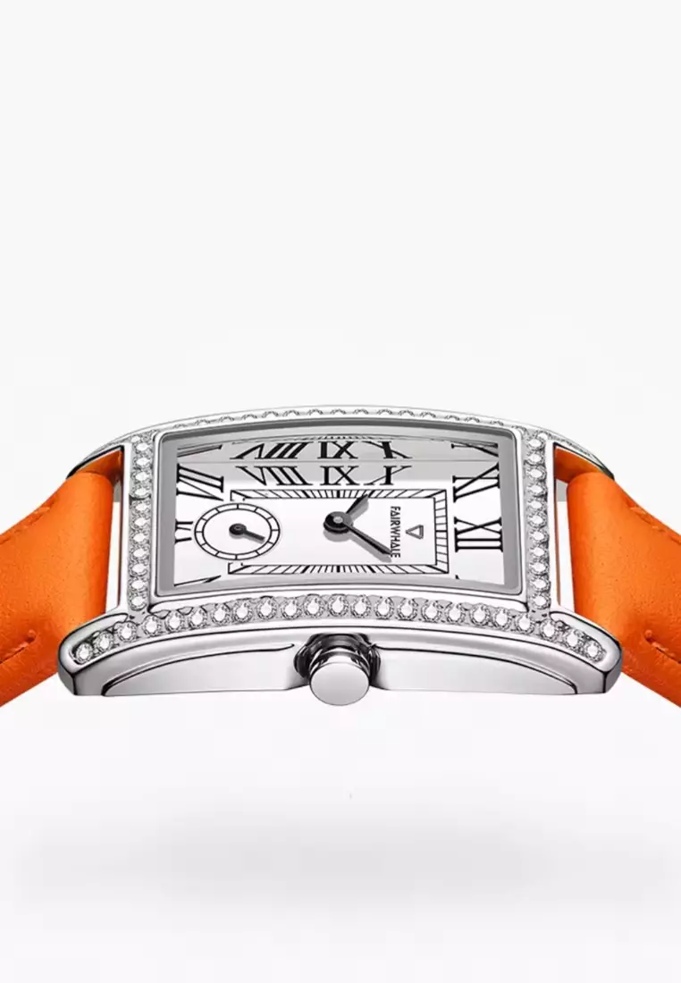 Ladies Stainless Steel Quartz Watch, Orange Leather Strap
