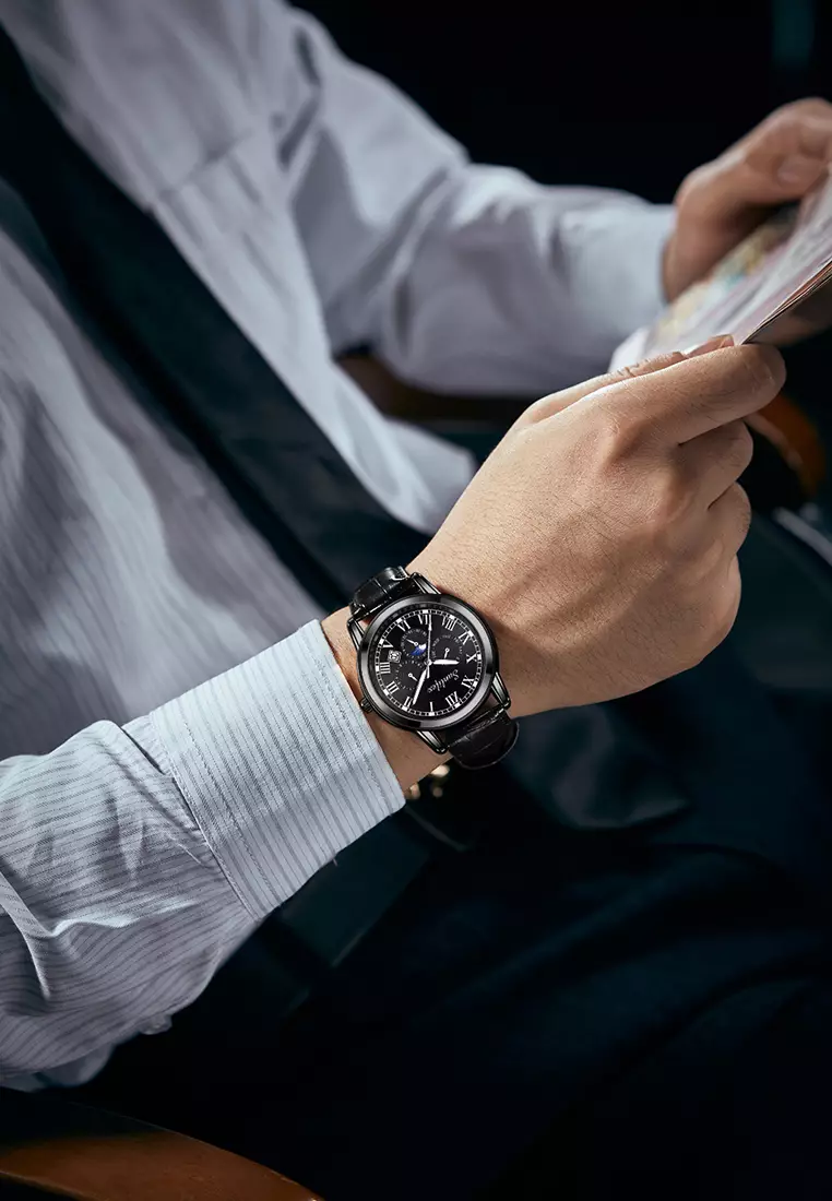 Jam Tangan Pria 7003 Kalender Kuarsa Santai Bisnis Tali Kulit Jam Tangan Cowok hitam