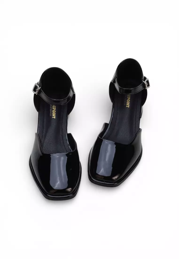 Noir Classic Ankle Strap Heels Women Low Block Patent Office Shoes 16596 in Black