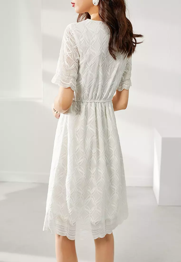 Casual white lace dress with sleeves sale