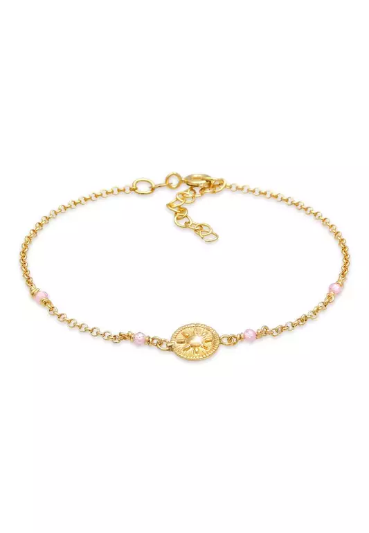 Bracelet Coin Sun Vintage Trend Adjustable Pink Quartz Gold Plated