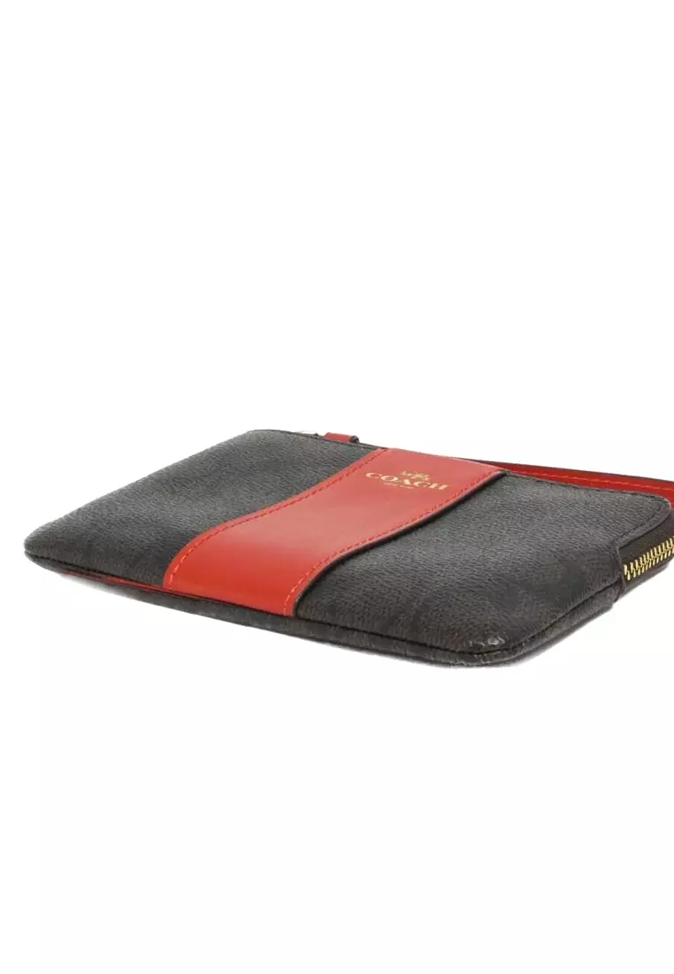 Corner Zip Wristlet In Signature Canvas With Stripe - Walnut/Bold Red