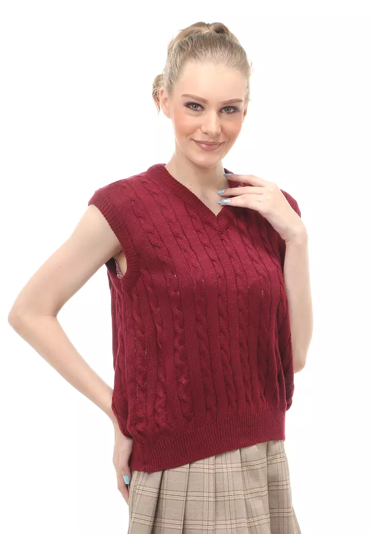 Urice Vest Rajut Atasan Wanita V-neck Sleeves Design Elegant - Maroon