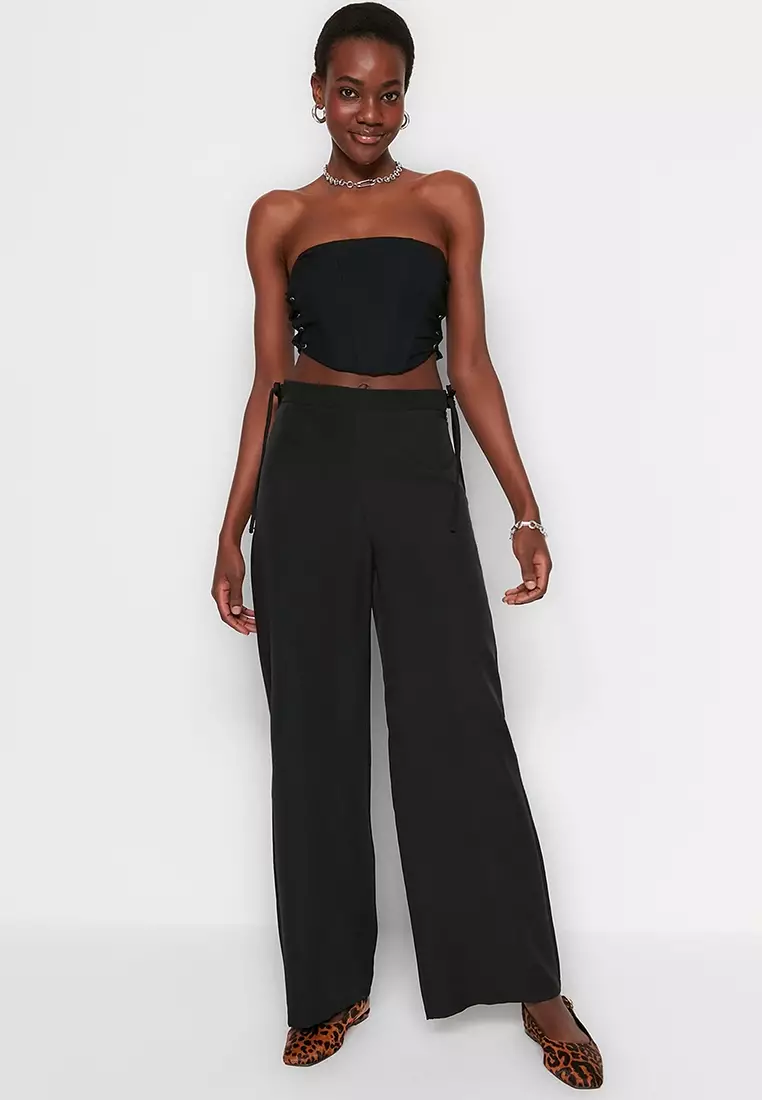 High waisted wide leg tie cheap pants