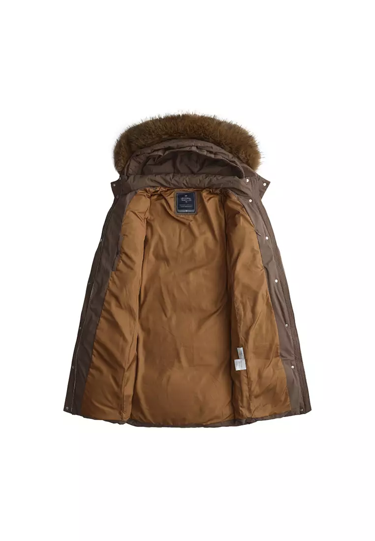 Plush Faux Fur-Trimmed Hood Mid-Length Down Jacket