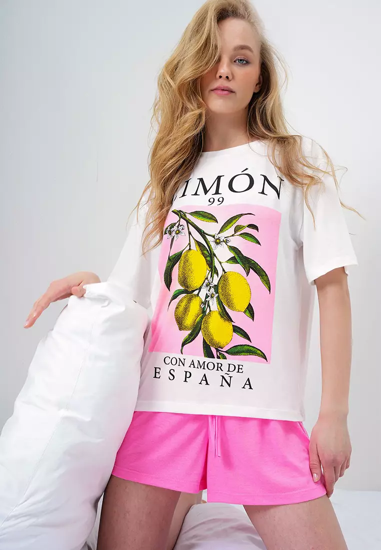 Women's Pink Lemon Printed Cotton Basic T-Shirt And Shorts Pajama Set Pjm-X13903