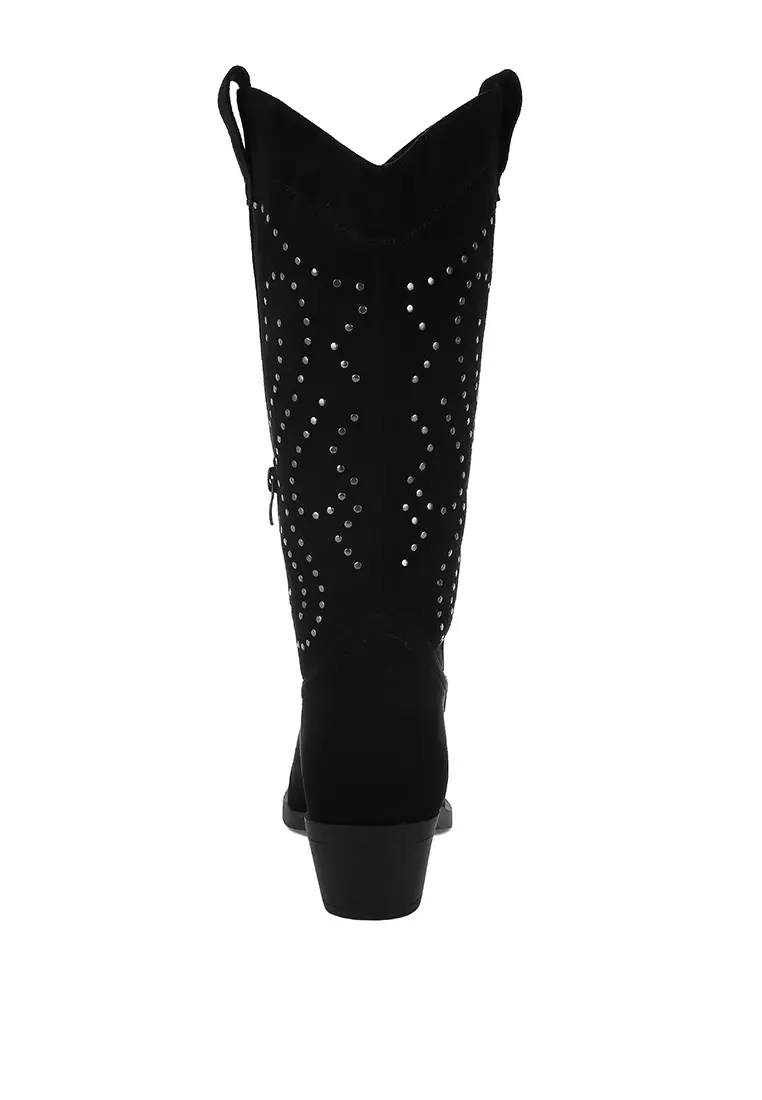Studs Embellished Cowboy Boots in Black