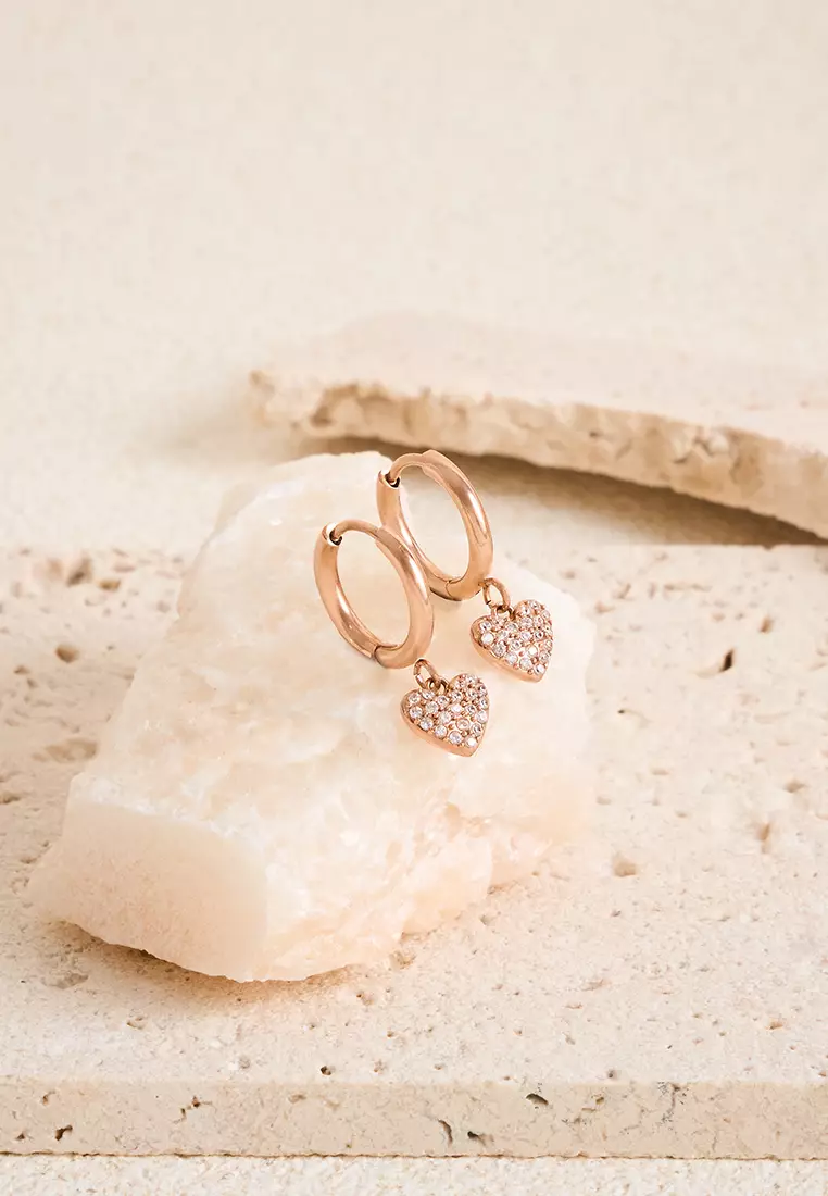 Lovia Heart Pavé Drop Hoop Earrings in Rose Gold