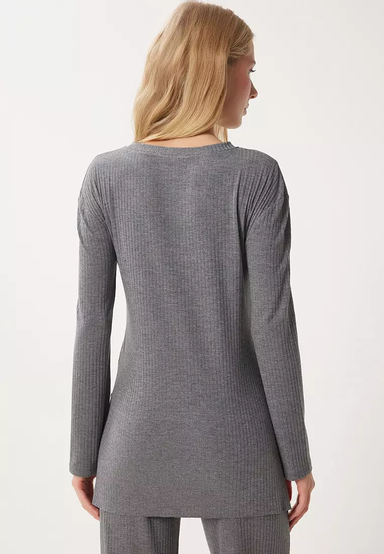 Comfortable Ribbed Knitted Blouse Trousers Set