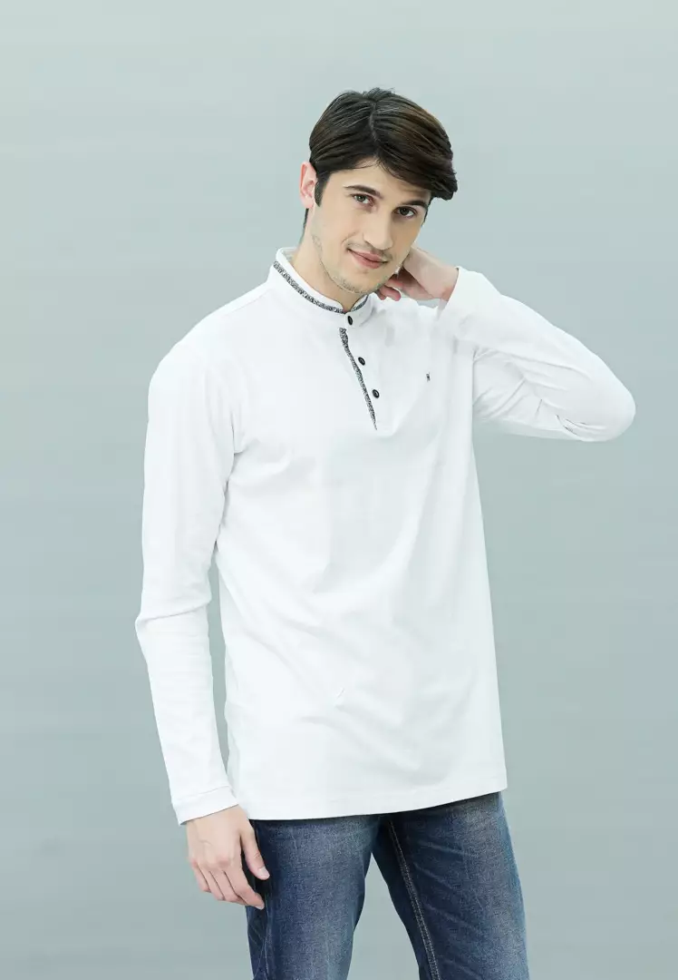 Johnwin - Kaos Henley - Kaos Lengan Panjang - Kerah Shanghai - Katun Premium