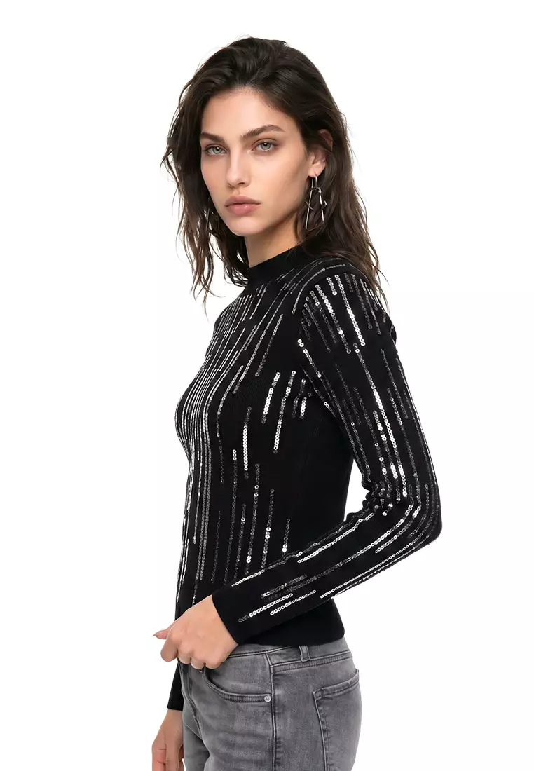 Sequin Detail Full Sleeves Top in Black