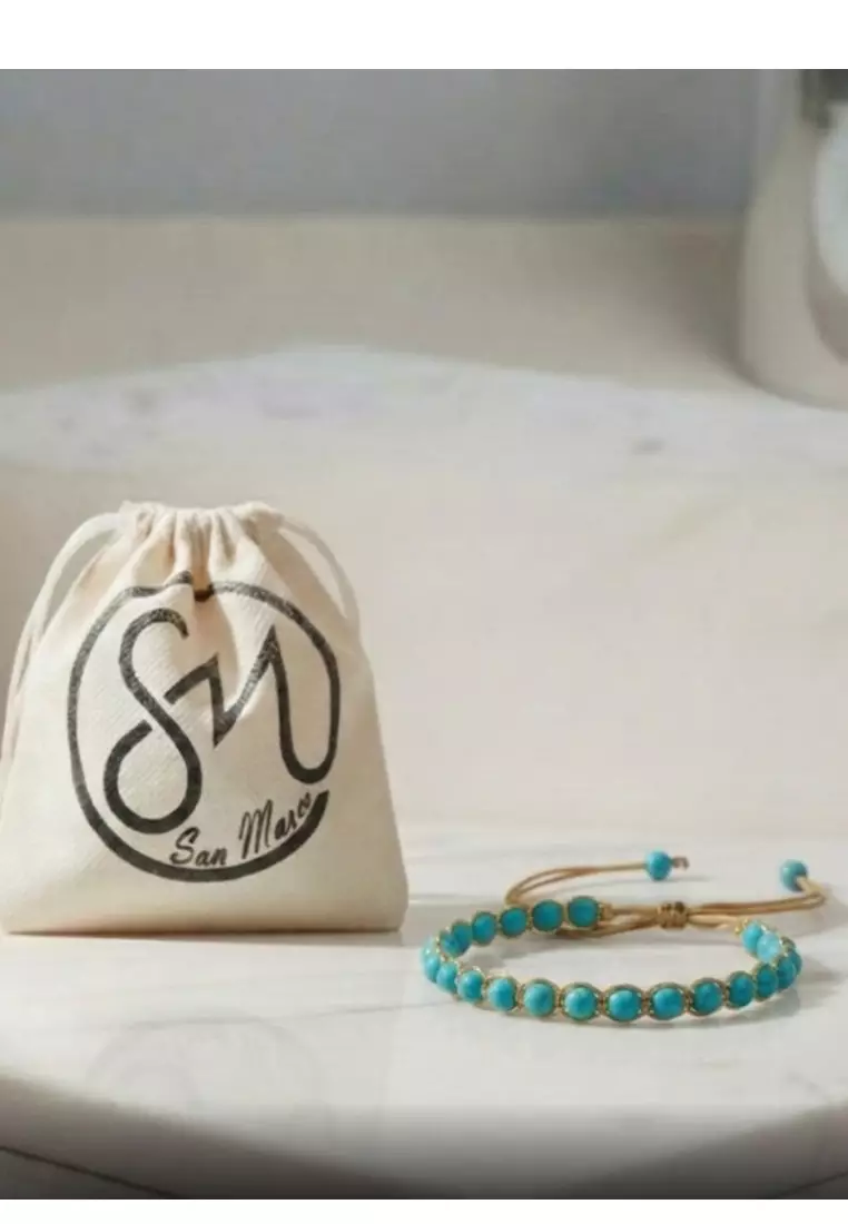 Aksesoris Gelang Wanita Gold Thread Stones Loop Macrame Bracelet Gold &Turquoise