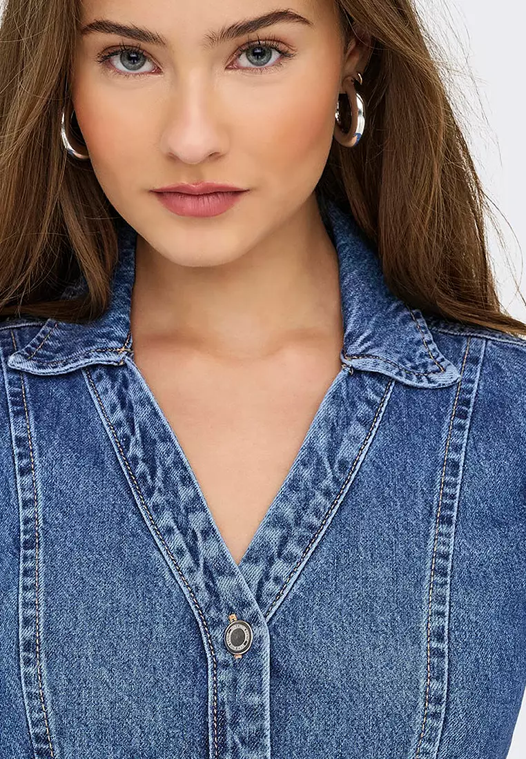 短袖牛仔束腰連身裙