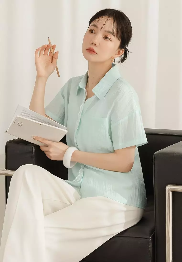 微透膚紋理蕾絲滾邊襯衫上衣《AB20540》