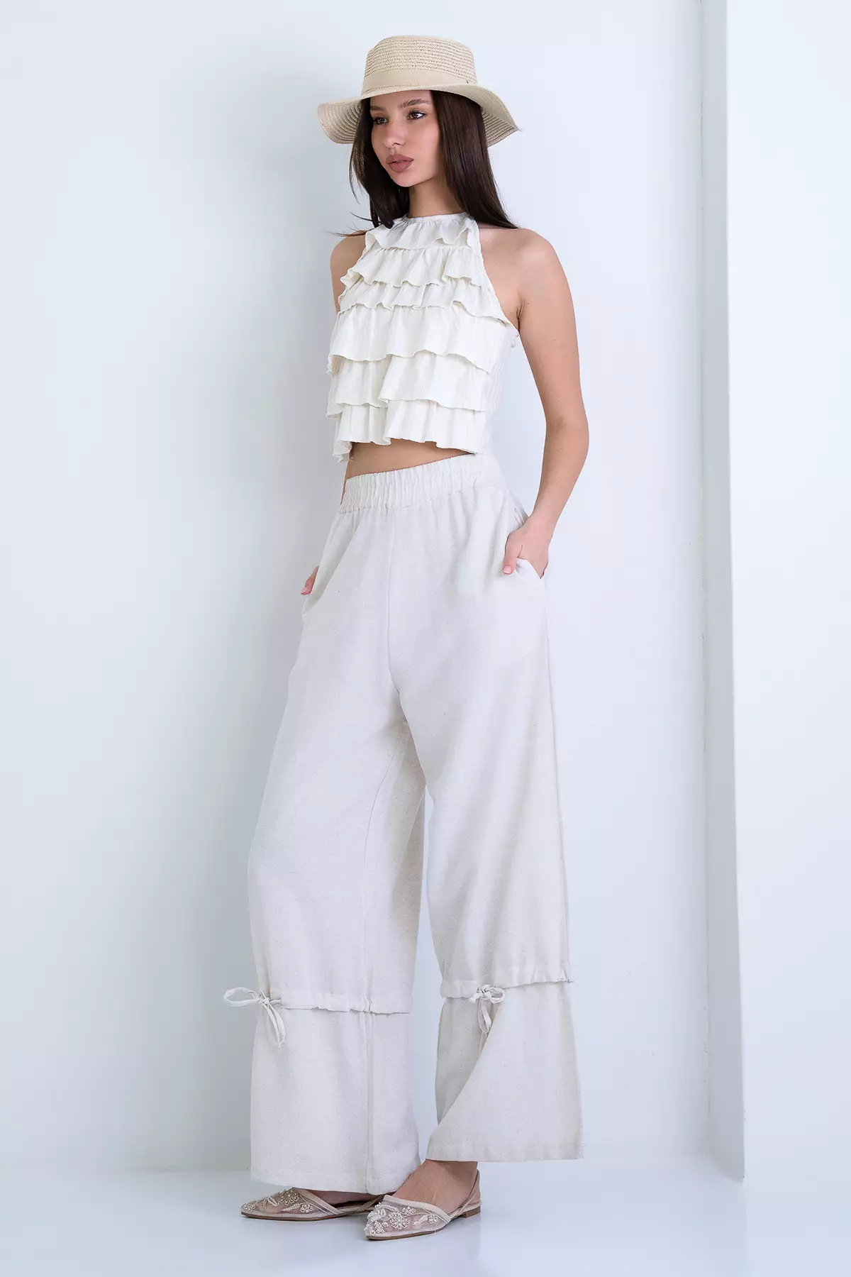 Ecru Double Pocket Linen Casual Trousers With Tie Detail Alc-X15172